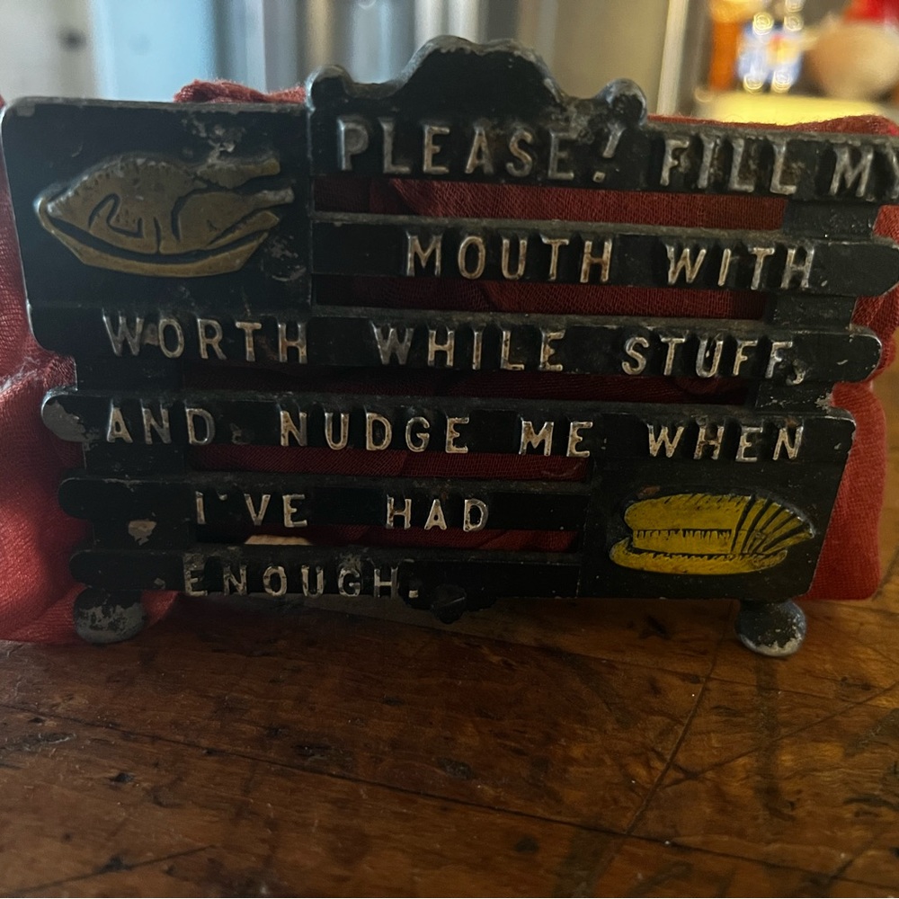 Vintage Cast Metal Napkin Holder - 'Please Fill My Mouth with Worthwhile Stuff’